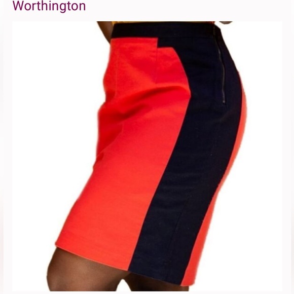 Worthington Size 14 Orange & Navy Color-Block Pencil Double Side Zippers Skirt - Picture 1 of 9